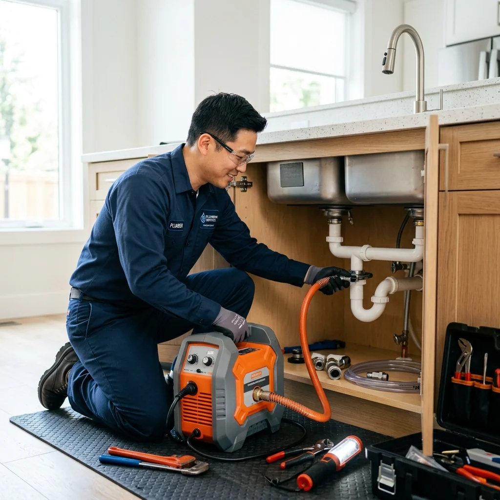 전문가의 싱크대 막힘 해결 작업